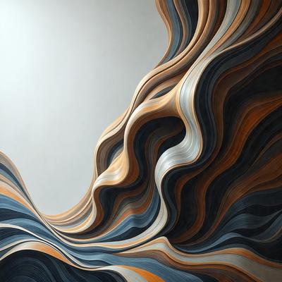 The primary subject of the image is a large, abstract painting featuring a blue and orange color scheme. The painting is displayed on a white wall, creating a striking contrast between the colors and the background. The visual style of the painting is a combination of digital art and illustration, giving it a unique and artistic appearance. The overall atmosphere of the painting is dynamic and engaging, capturing the viewer's attention and inviting them to explore the intricate details of the abstract design.